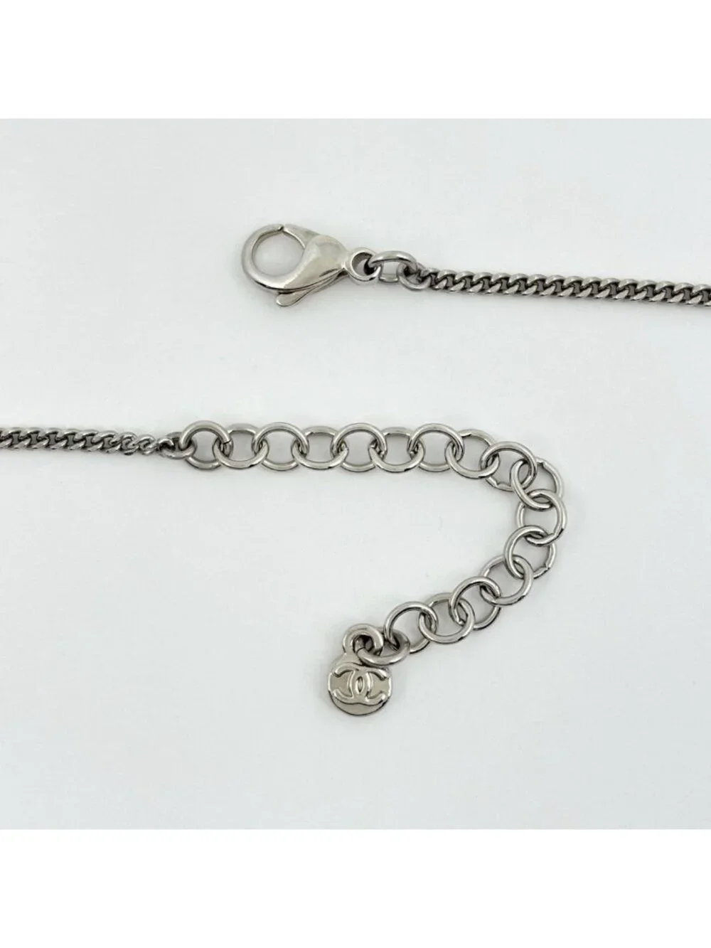 Chanel CC Logo Rhinestone Necklace Silver Plated